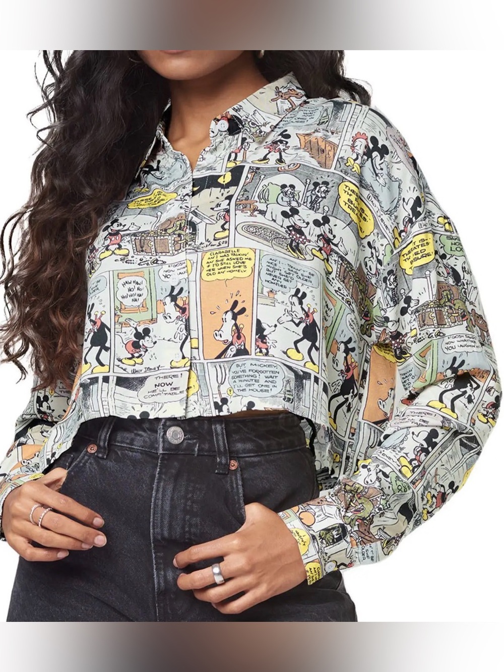 Disney Mickey Mouse Comic Strip Cropped Button Down Shirt Size Medium EUC